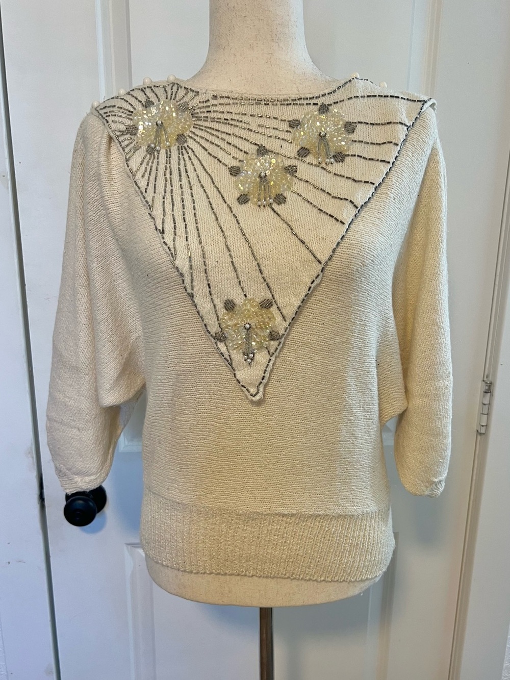 VNTG 80s Cream Batwing Embellished Bib Neck Sweater